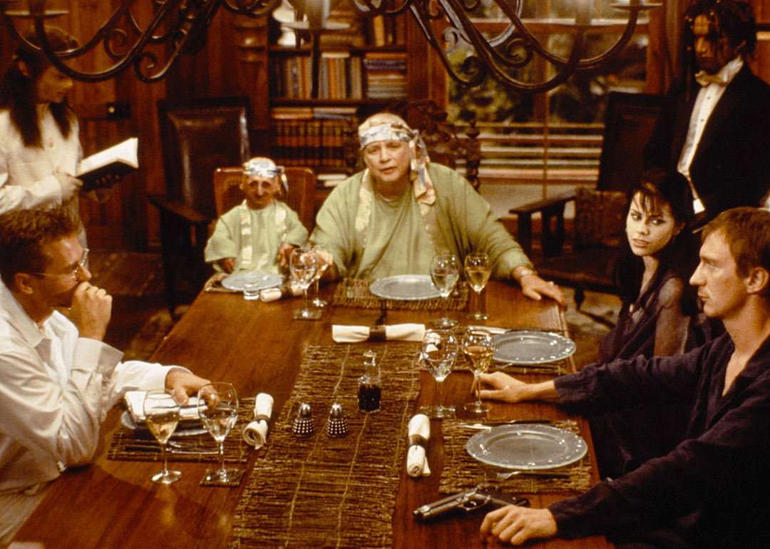 Marlon Brando and cast in a scene from ‘The Island of Dr. Moreau’.