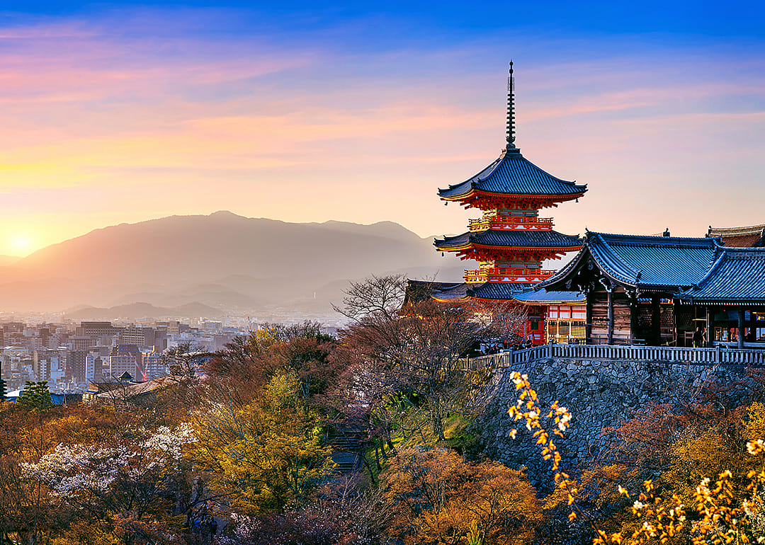 Kiyomizu temple at sunset in Kyoto.
