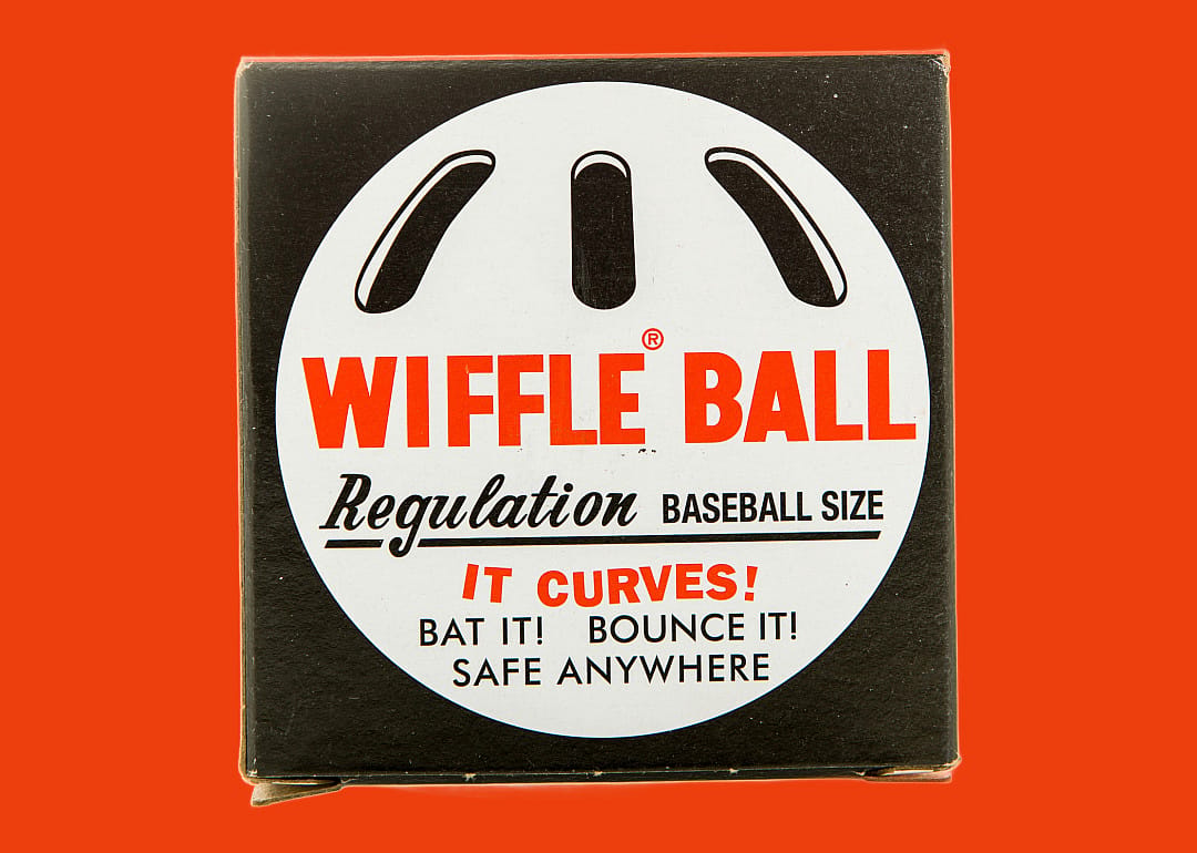 Original Wiffle ball box with text reading, It curves! Bat it! Bounce It! Safe Anywhere!