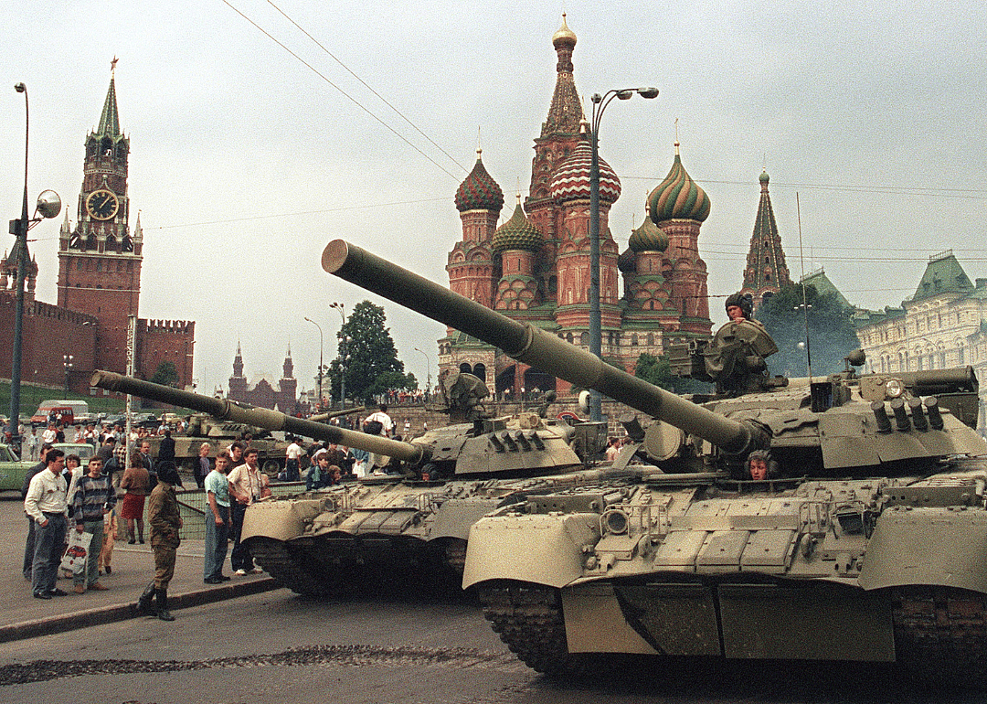 Soviet tanks in Red Square during failed coup attempt.