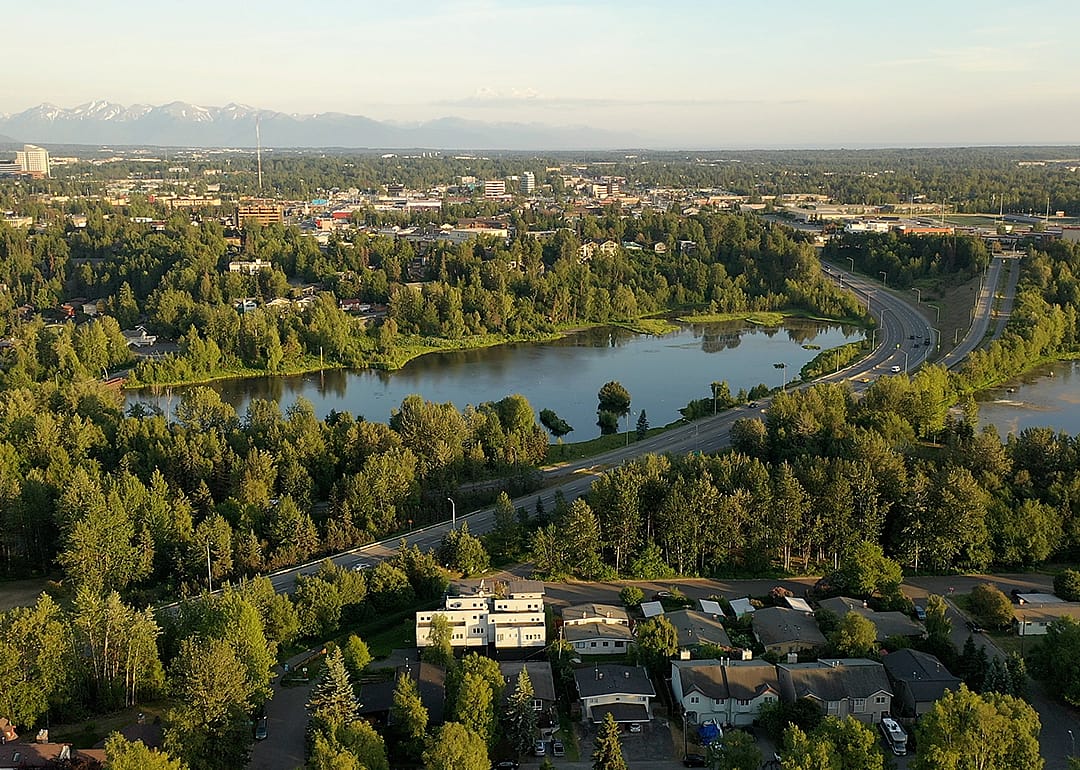 Aerial view of residential neighborhood in Alaska.