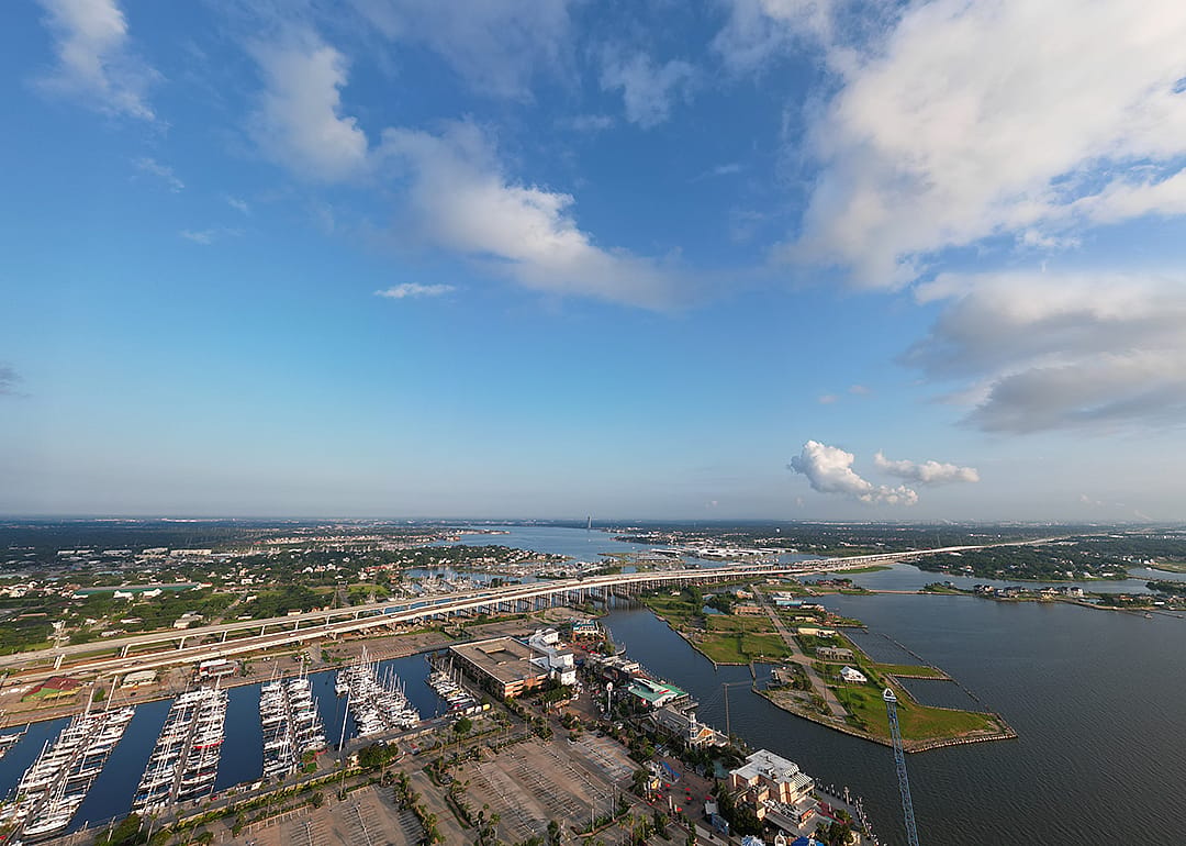 Sunrise over Clear Lake and Galveston Bay.