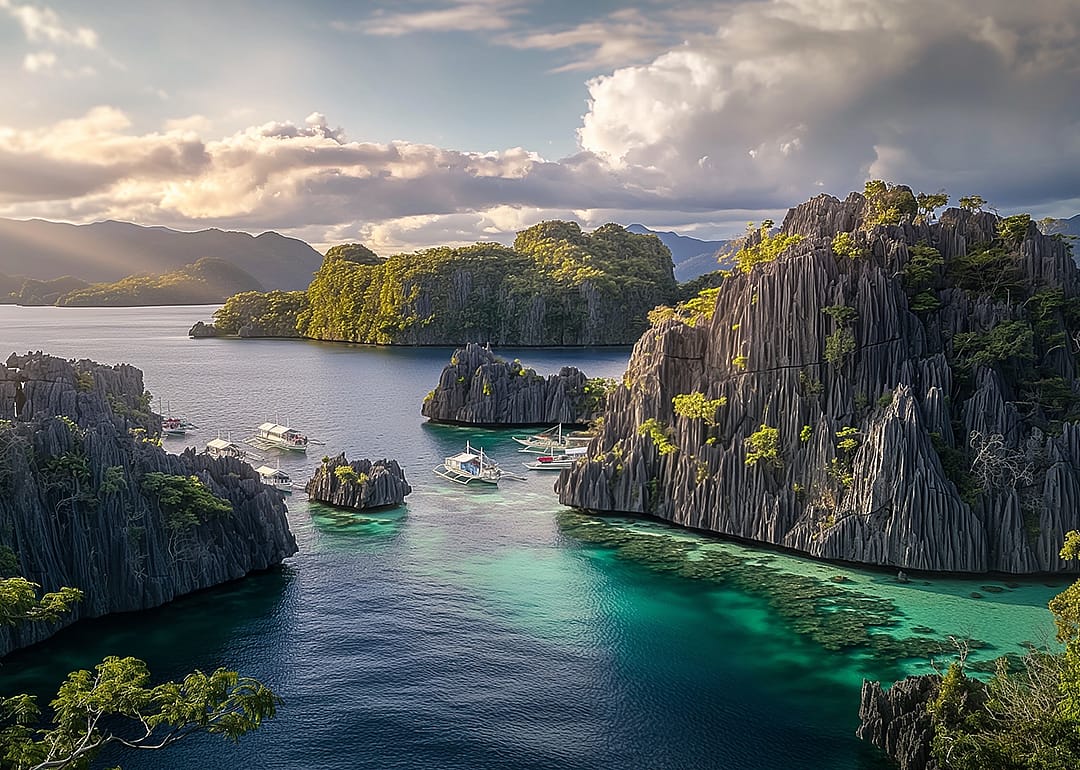 Aerial view of Coron El Nido coast and limestone cliffs.