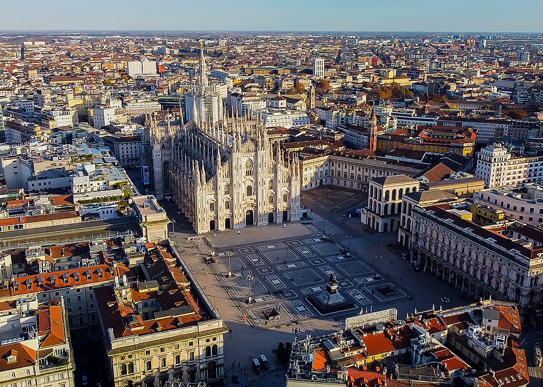 Aerial view of Piazza Duomo in Milan’s city center.