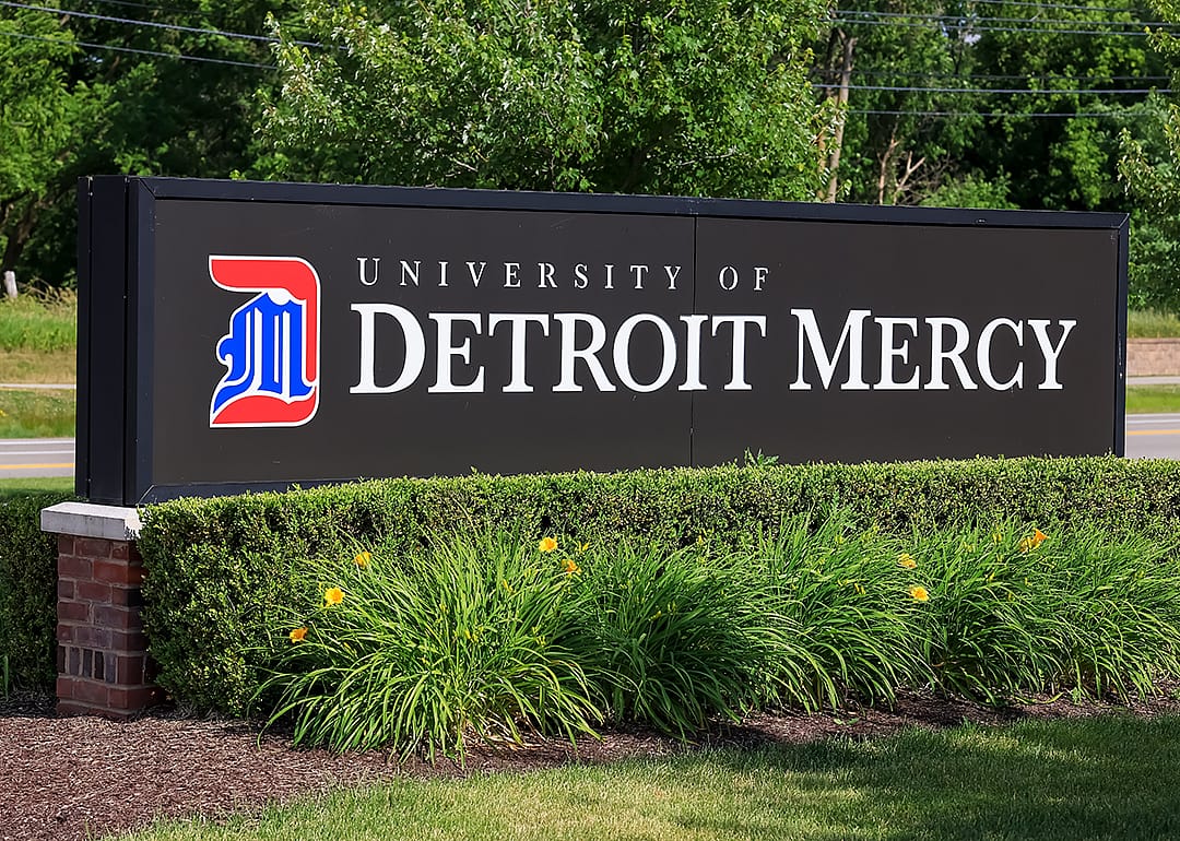 Signage at entrance to University of Detroit Mercy.