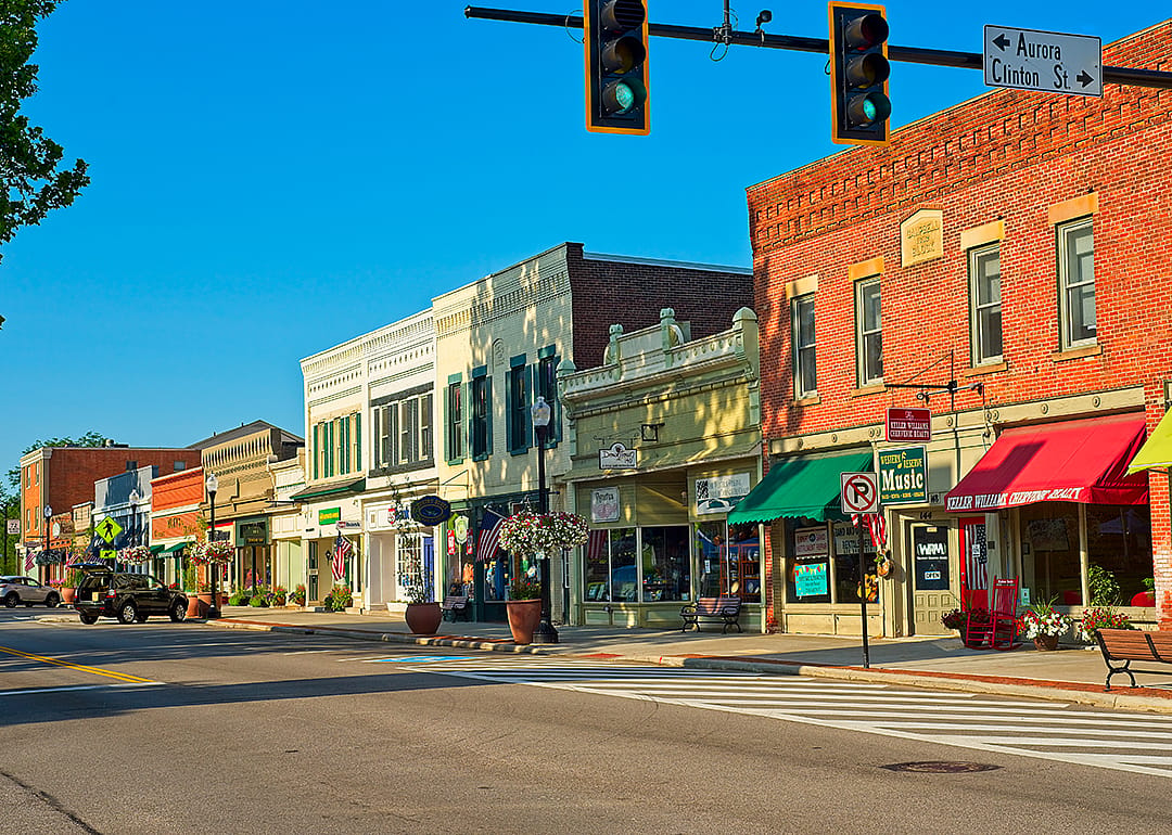 A view along North Main Street with shops, cafes, and businesses in Hudson.