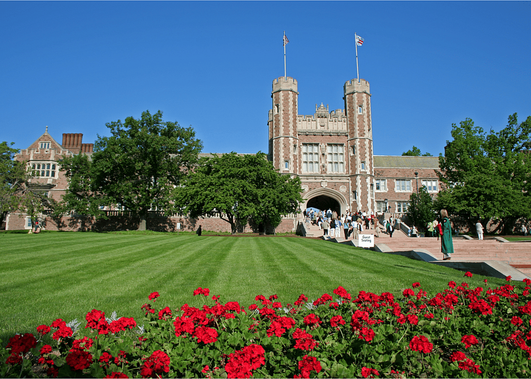 Sunny view of the Brookings Hall of Washington University in St. Louis at Missouri
