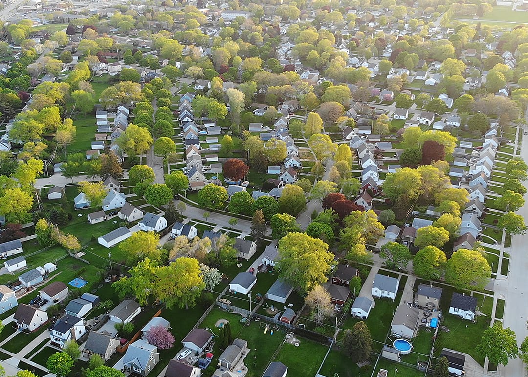 Aerial view of residential houses in spring.