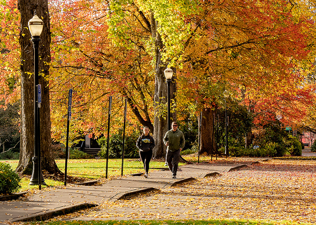 People walking on a sidewalk on OSU campus.