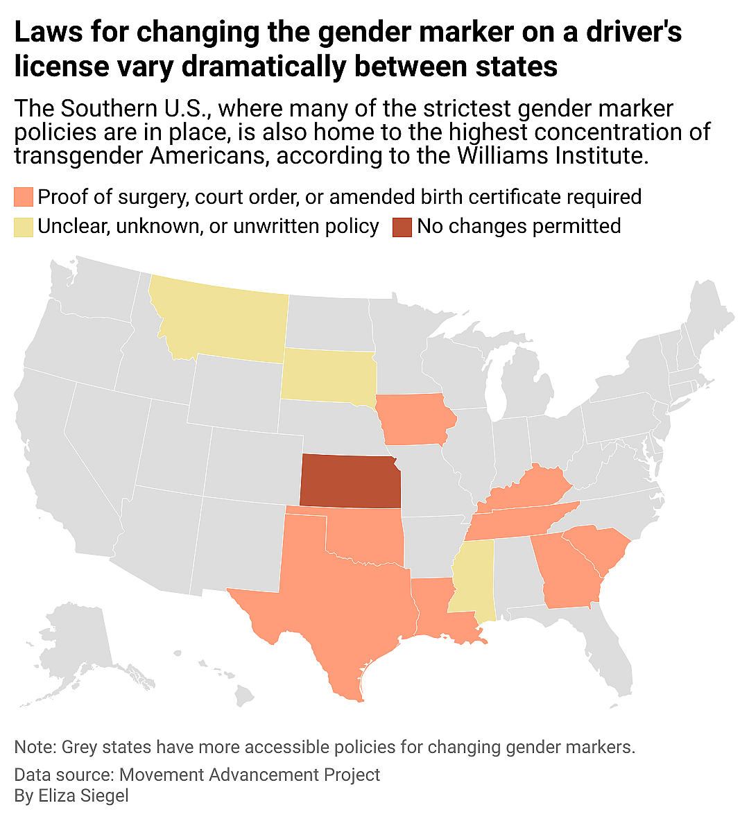 This map of the U.S. shows the varying laws for changing the gender marker on a driver's license by state. The Southern U.S., where many of the strictest gender marker policies are in place, is also home to the highest concentration of transgender Americans, according to The Williams Institute.