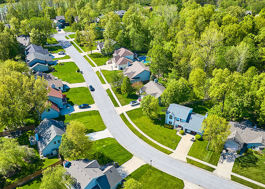 Aerial view of suburban neighborhood.