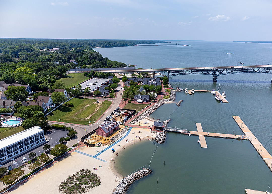 Aerial view of downtown Yorktown with the Coleman Bridge spanning the York River.