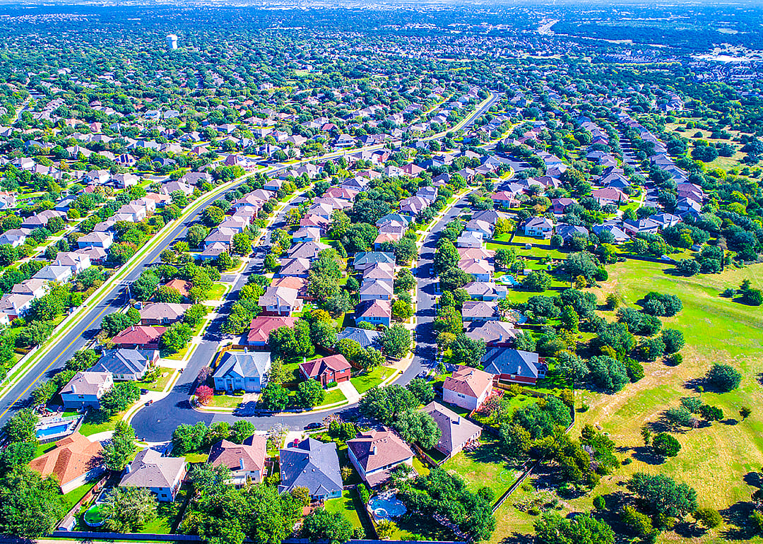 Aerial view of suburban homes in Round Rock.