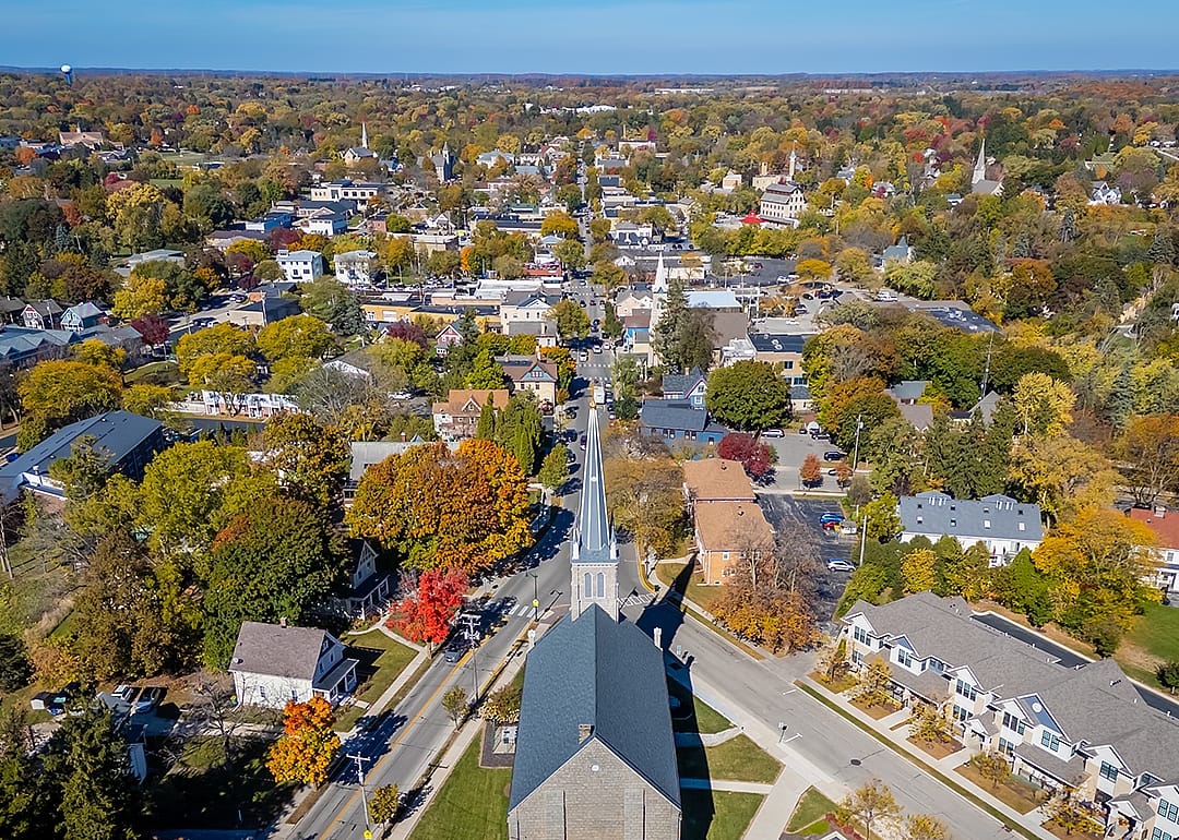 Church overlooking downtown Cedarburg.