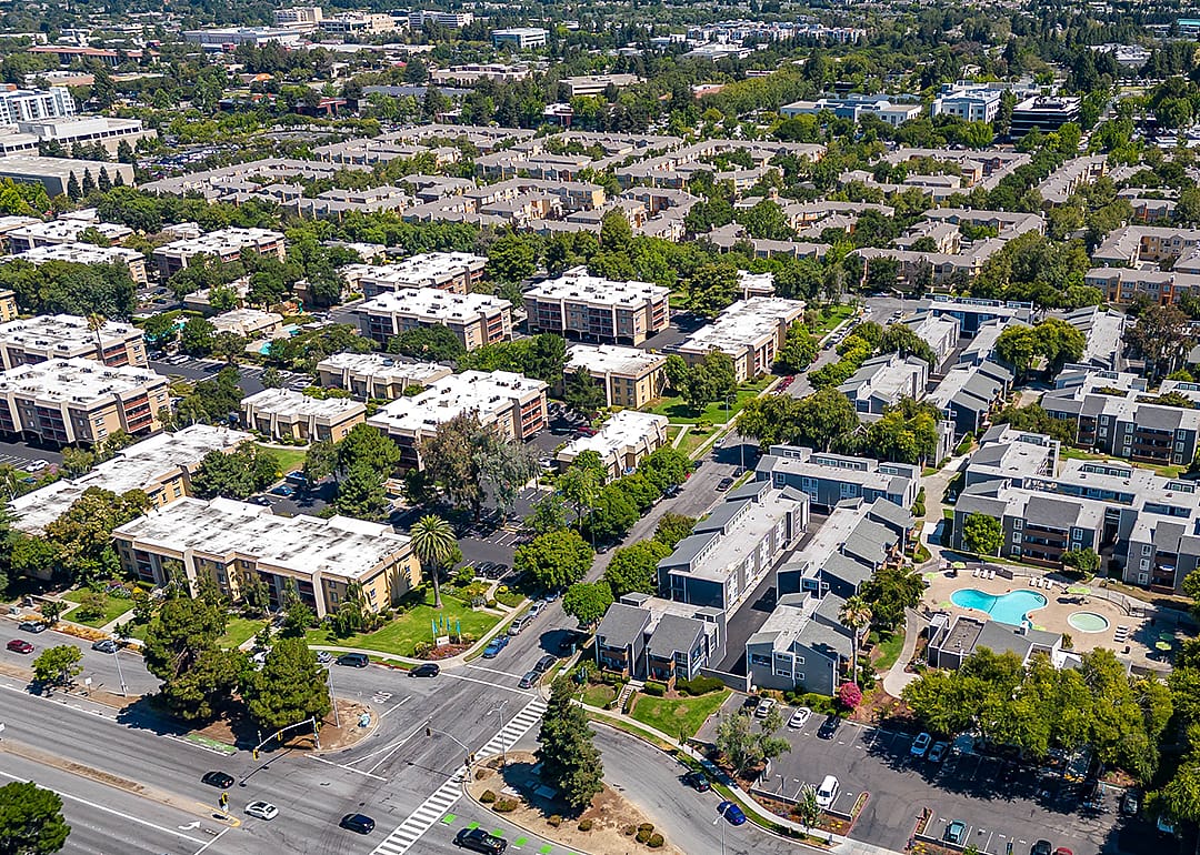 Aerial images over residential and commercial real estate in Fremont.