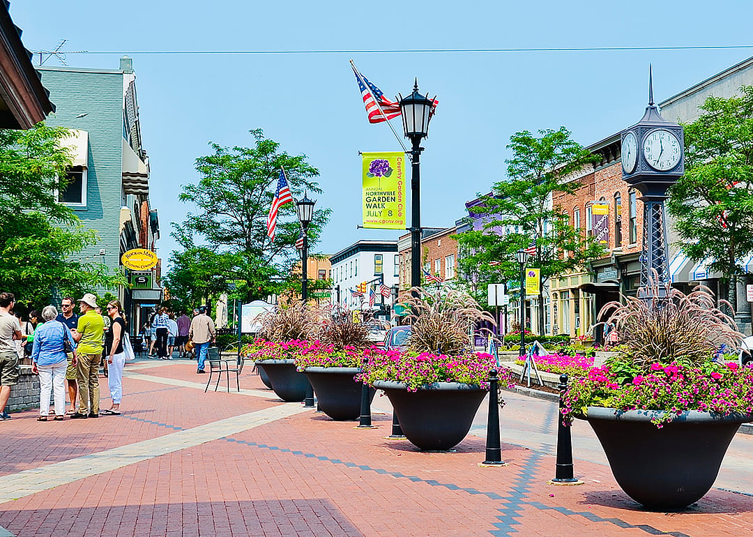 Downtown square and shopping district.