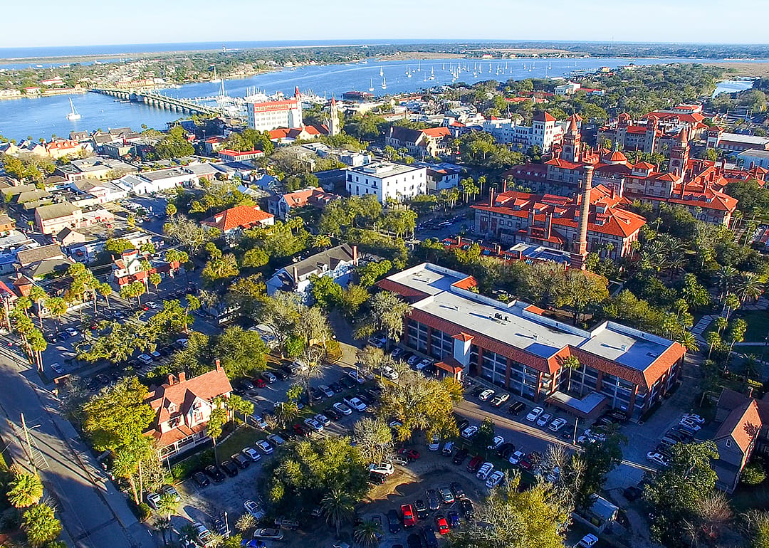 Aerial view of Saint Augustine at dusk.