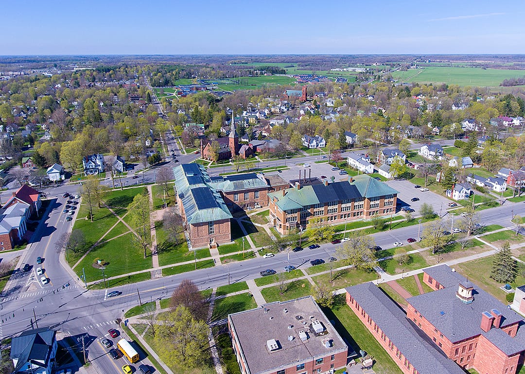 Aerial view of Old Snell Hall of Clarkson University.
