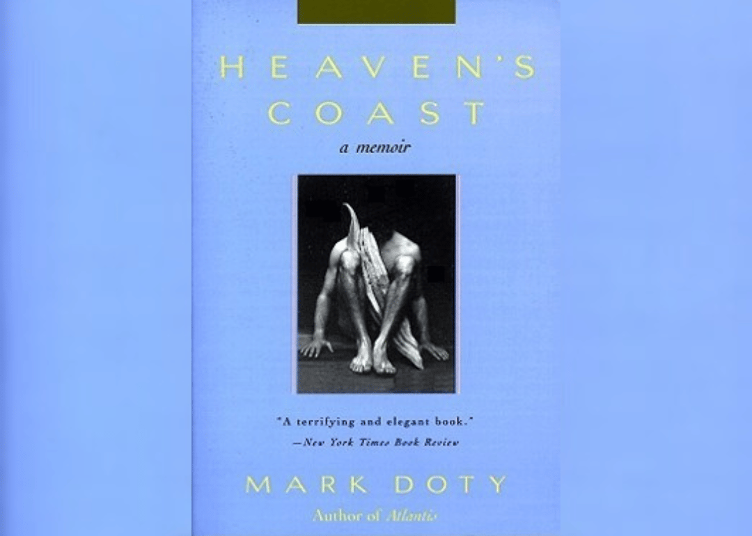 A light blue background with a black-and-white image of a nude, headless man seated.