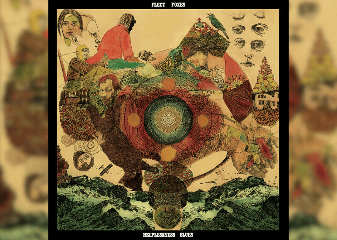 A dark circle surrounded by various images of faces with mountains below.