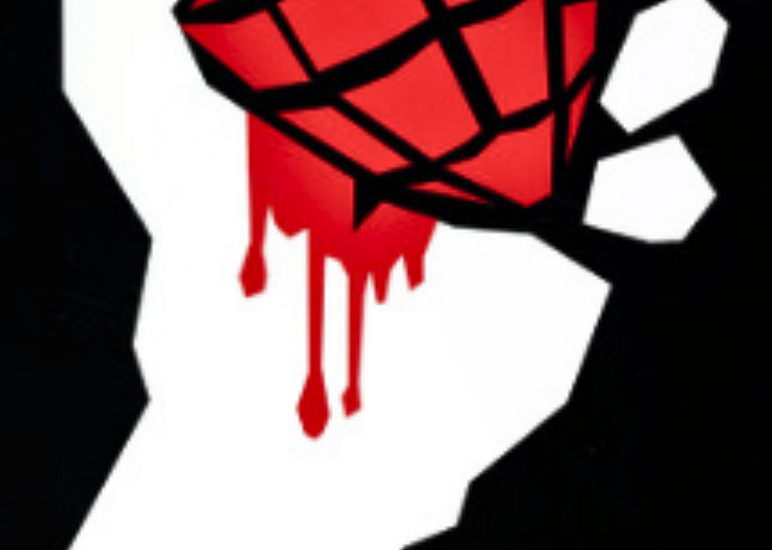 Illustration of a hand holding a bleeding grenade.