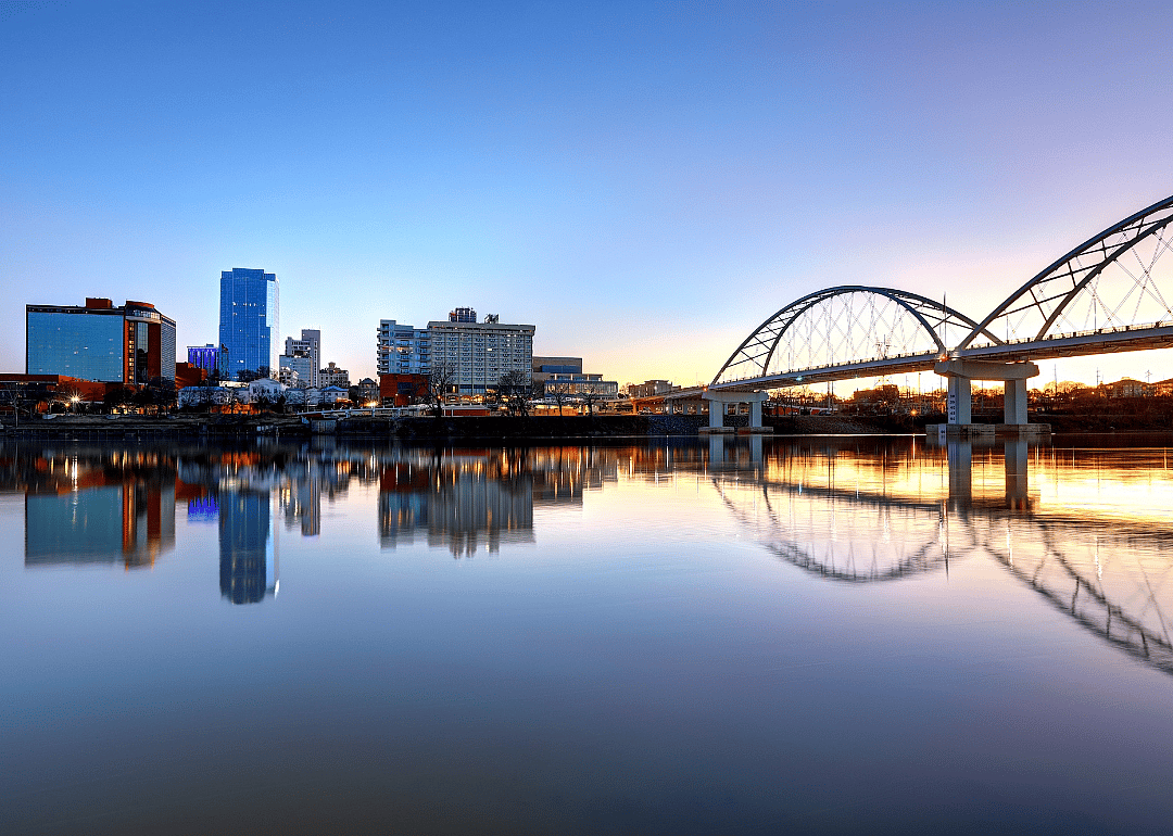 City skyline by the river with an iron bridge in the foreground.