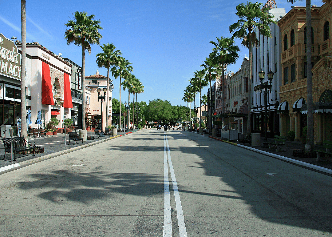 Businesses on a small street lined with palm trees.