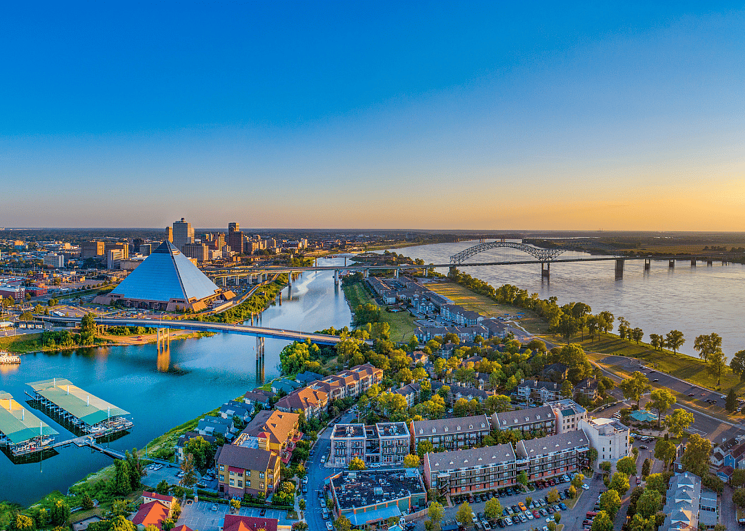 An aerial view of Memphis on the water.