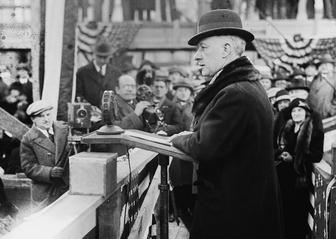 New York governor Al Smith speaks to a crowd.
