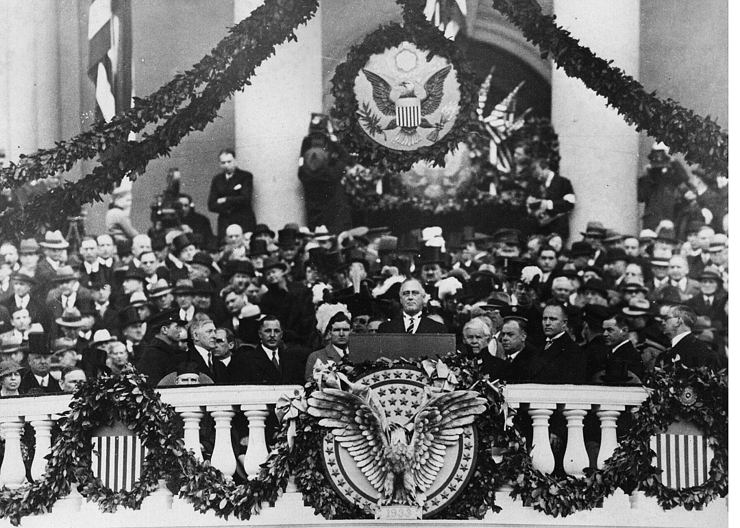 President Franklin D. Roosevelt gives his first inaugural address in 1933.