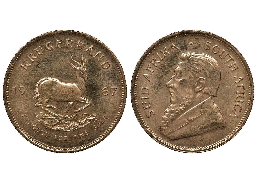 The front and back sides of a gold Krugerrand.