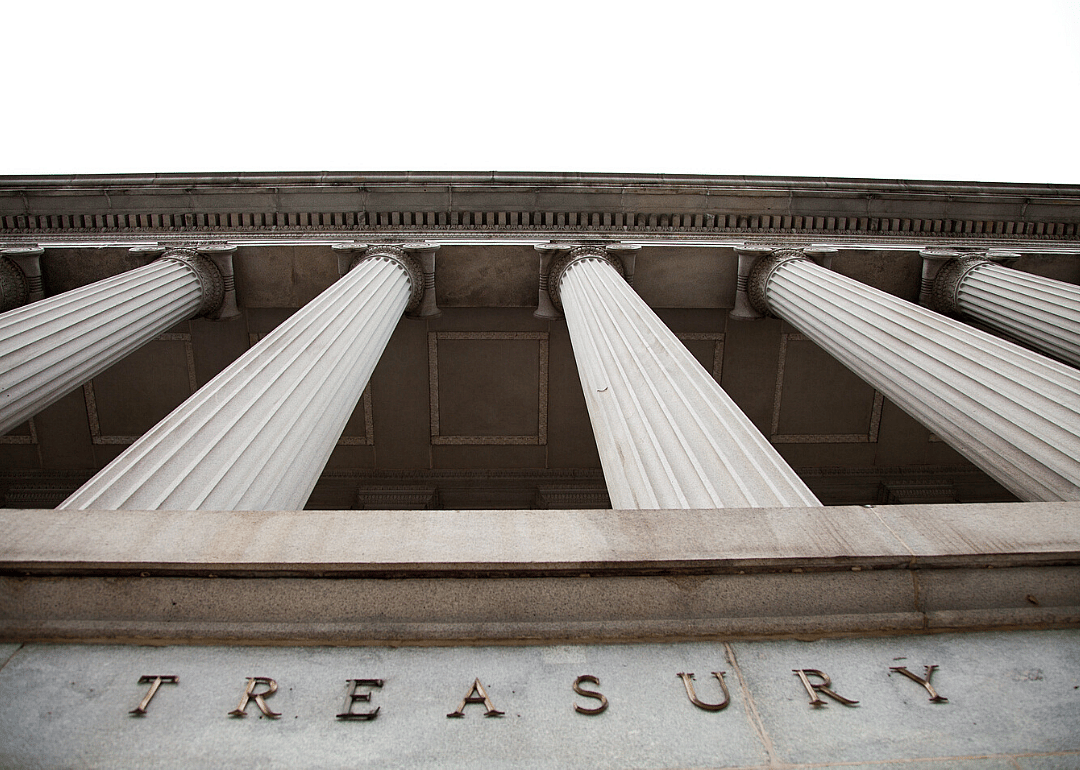 A close up view of the Department of the Treasury building in Washington D.C.
