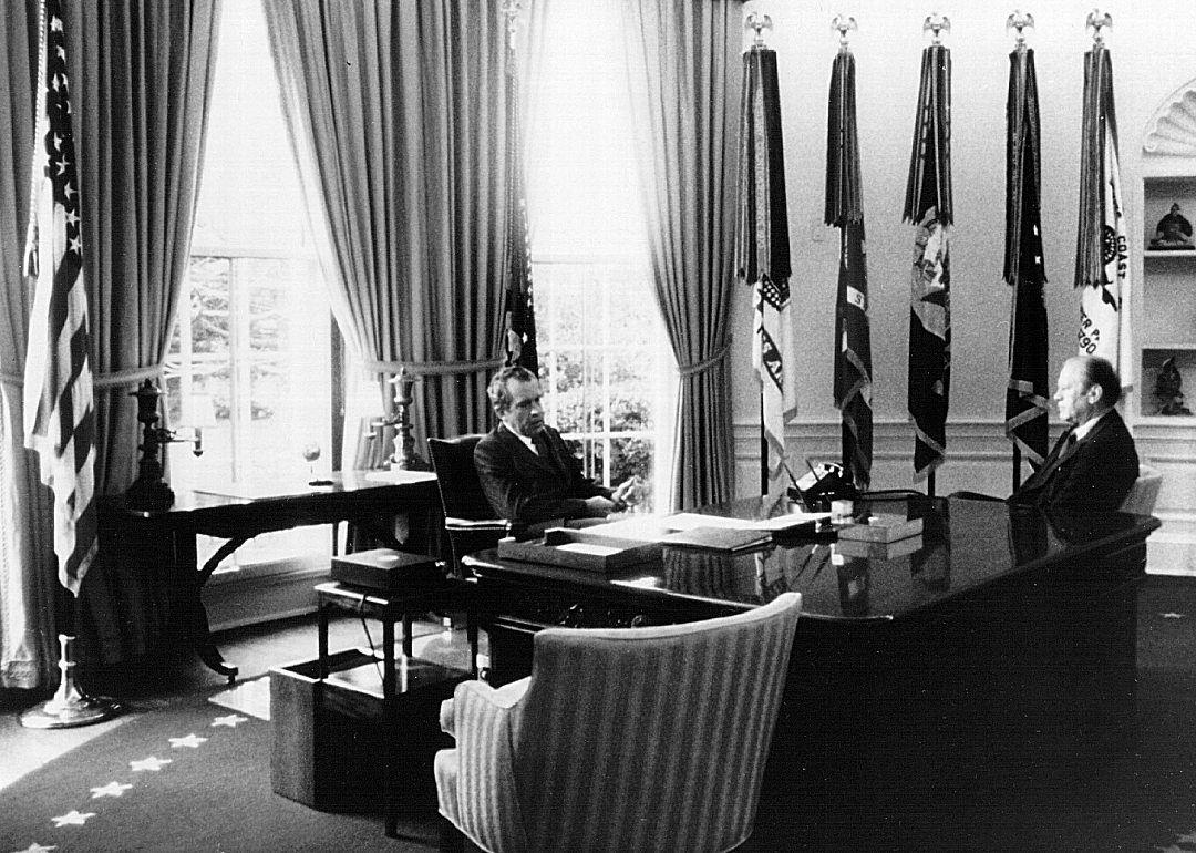 President Richard Nixon in a discussion with vice president Gerald Ford.