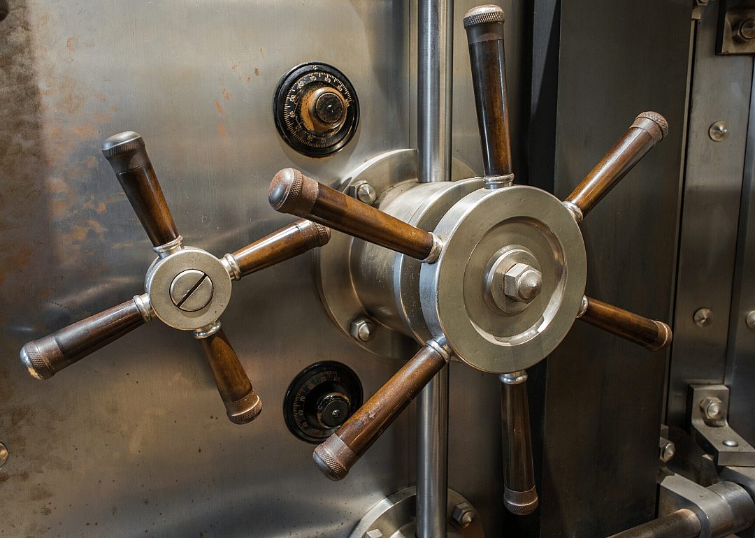 A close-up view of a bank vault.