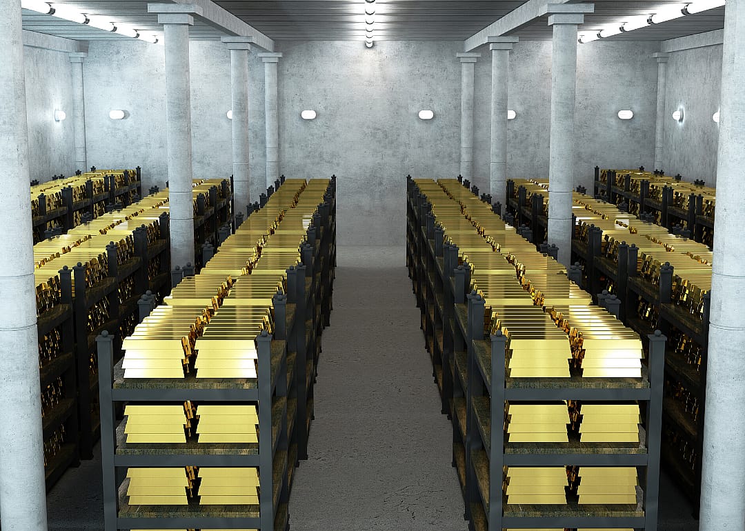 A vault full of gold bullion bars.