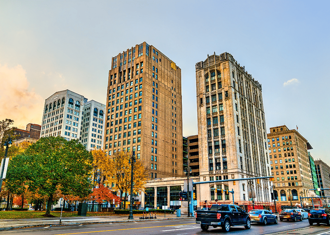 City downtown traffic and historic buildings.