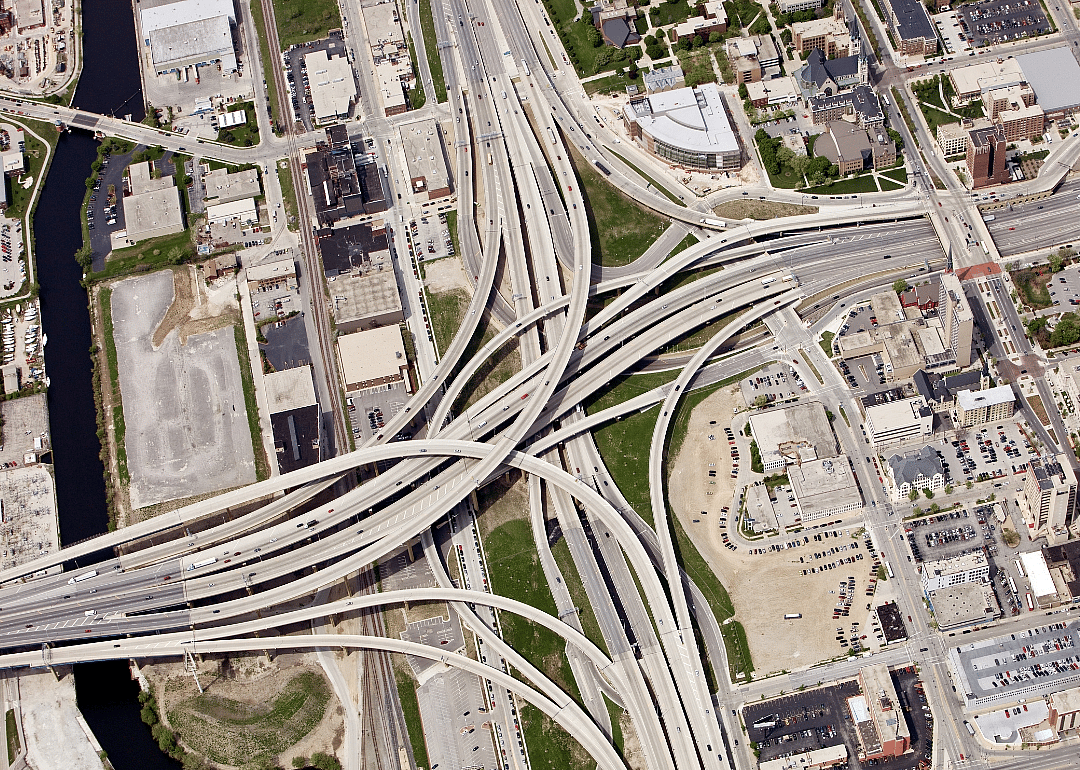 An aerial view of a large highway interchange.