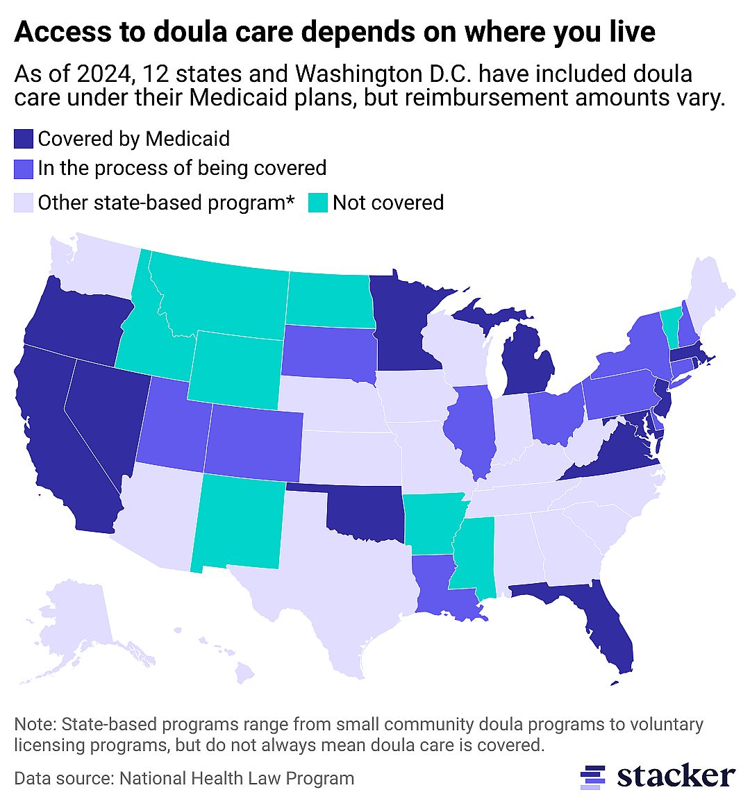 A map showing where doula care is covered by Medicaid by state.