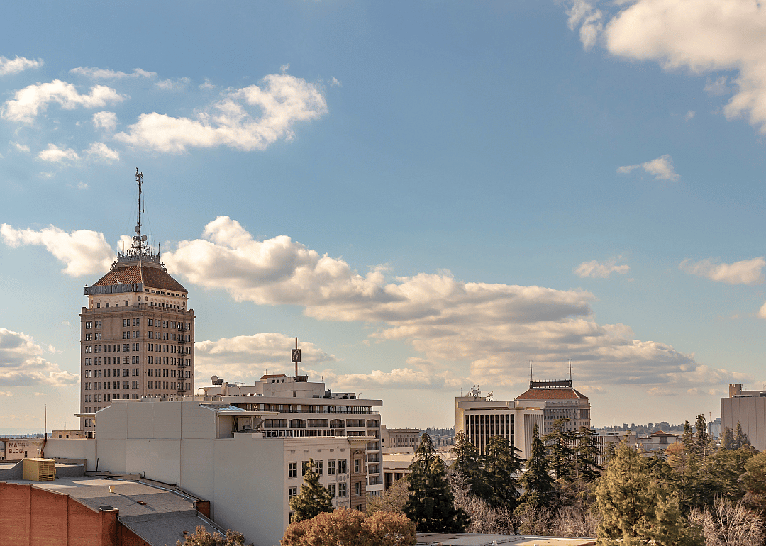 Aerial view of city skyline.