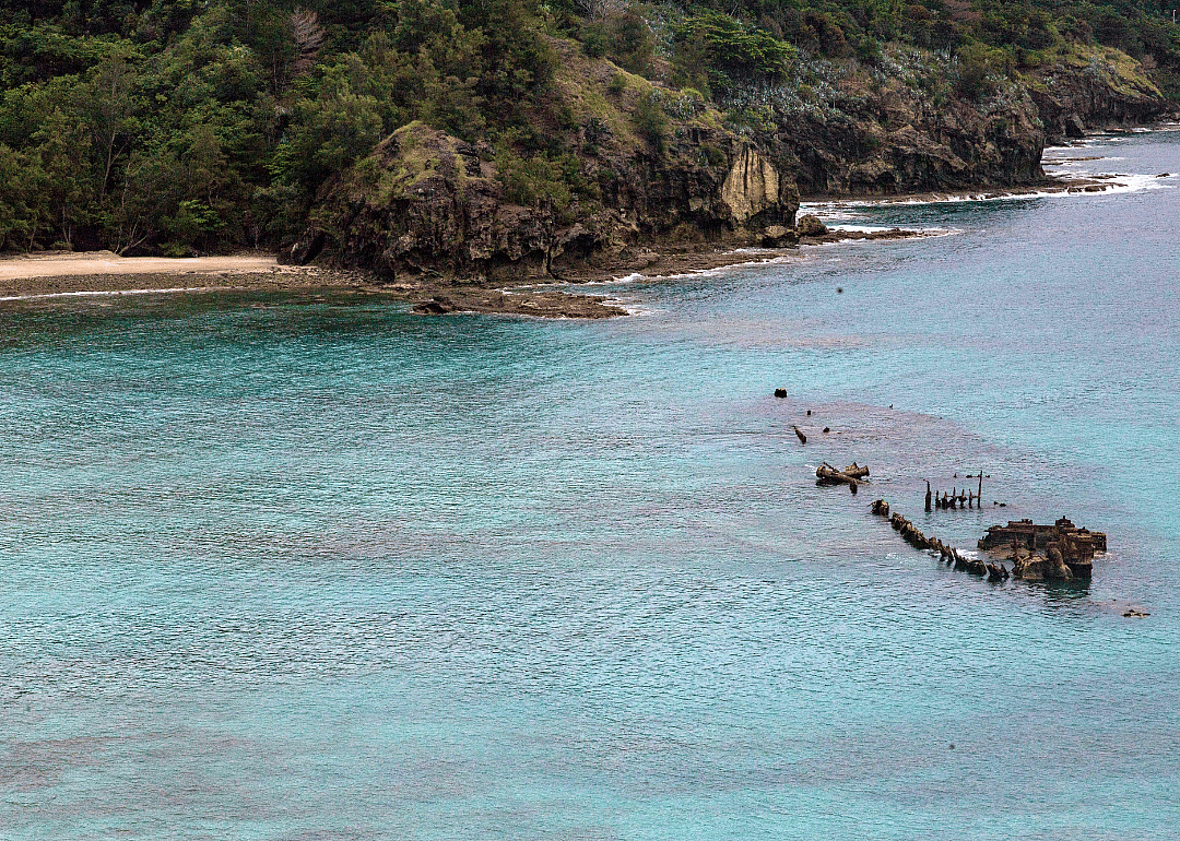 The partially submerged wreck of the Hinko-maru off of Sakaiura Beach.