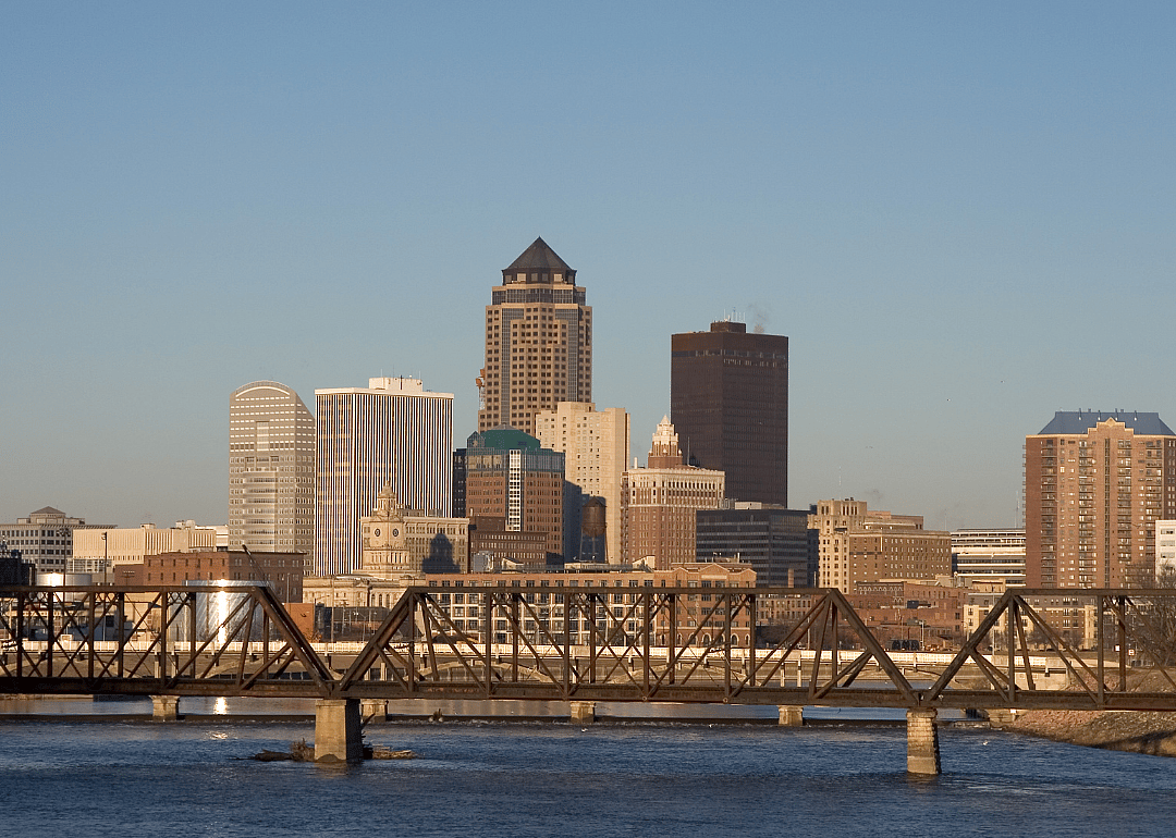 City skyline by the river with an iron bridge in the foreground.