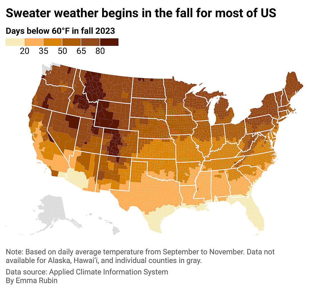 Map showing sweater weather begins in the fall for most of the U.S. Northern regions have more counties with a higher number of days below 60 degrees Fahrenheit in the fall.
