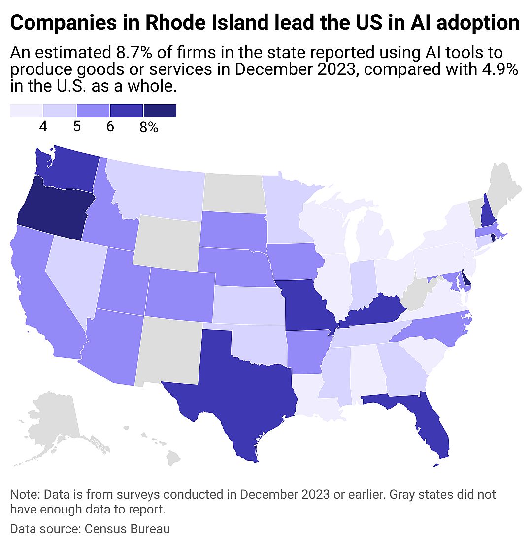 A map of showing which states have the highest share of companies who are currently using AI to produce goods and services.