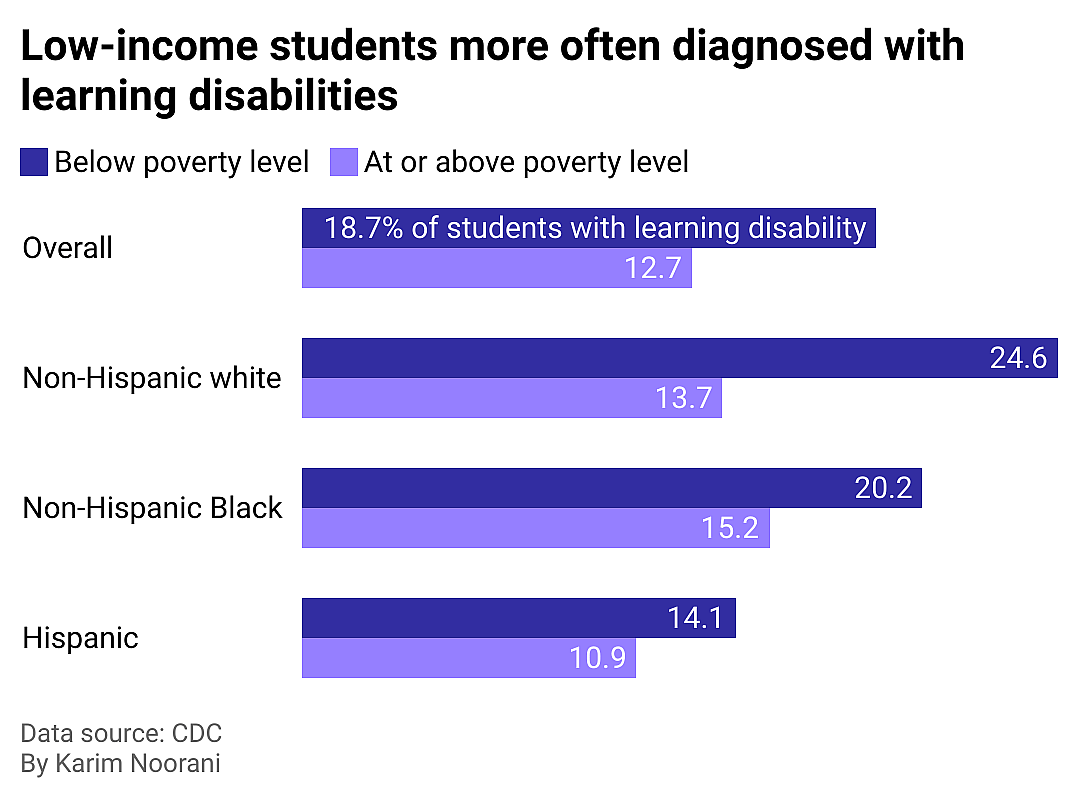 A bar chart showing rates of learning disabilities among different income levels.