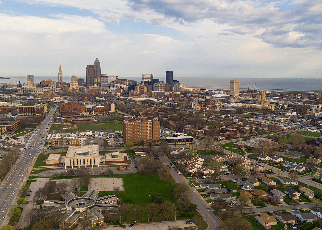 Main roads in the city with the skyline in the background.