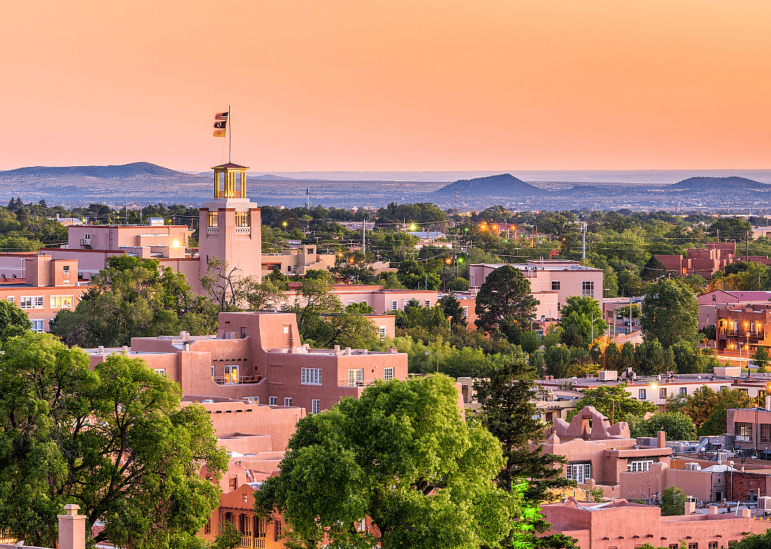 An aerial view of Santa Fe at sunset.
