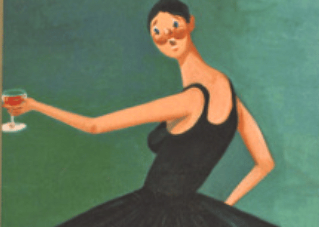 A painting of a ballerina against a green backdrop.