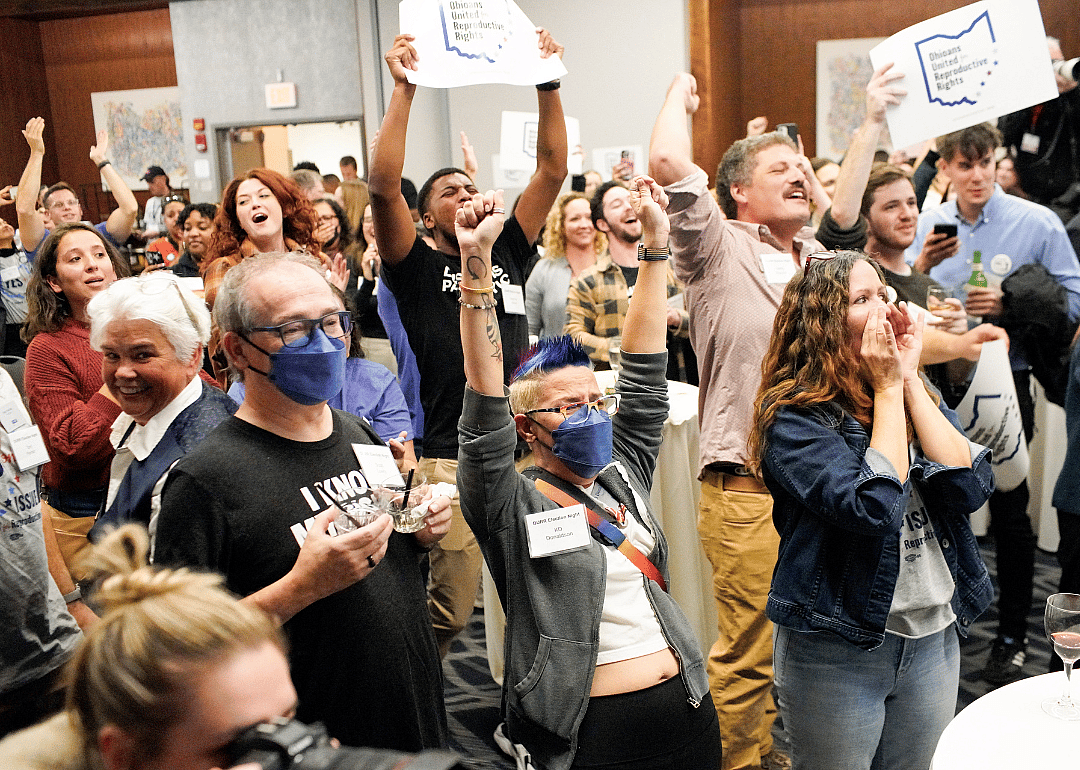 Abortion rights supporters gather to cheer the results at an election watch party in Ohio.