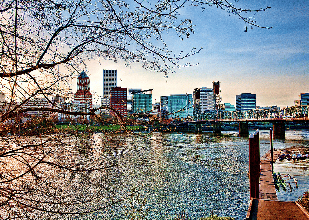 City skyline by the river.