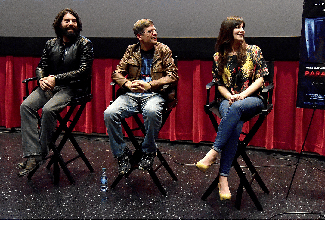 Micah Sloat, filmmaker Oren Peli and Katie Featherston attend a screening and Q&A at Screamfest in 2015.